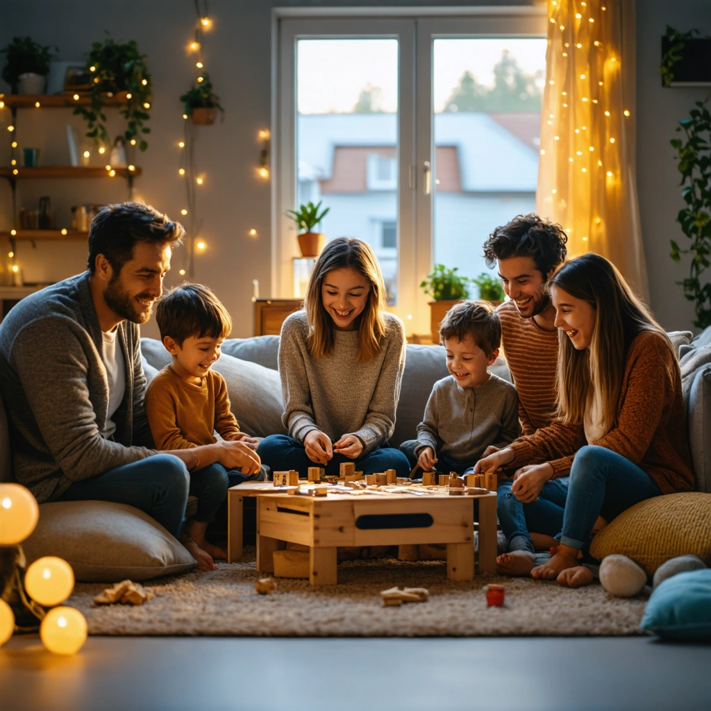 Famille réunie dans un salon jouant à des jeux de société, racontant des histoires et riant ensemble lors d'une soirée sans écran.
