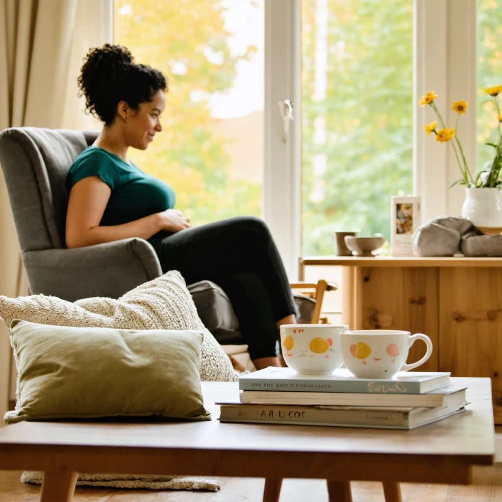 Une femme enceinte souriante écoutant une sage-femme dans un espace accueillant, ambiance chaleureuse et naturelle.