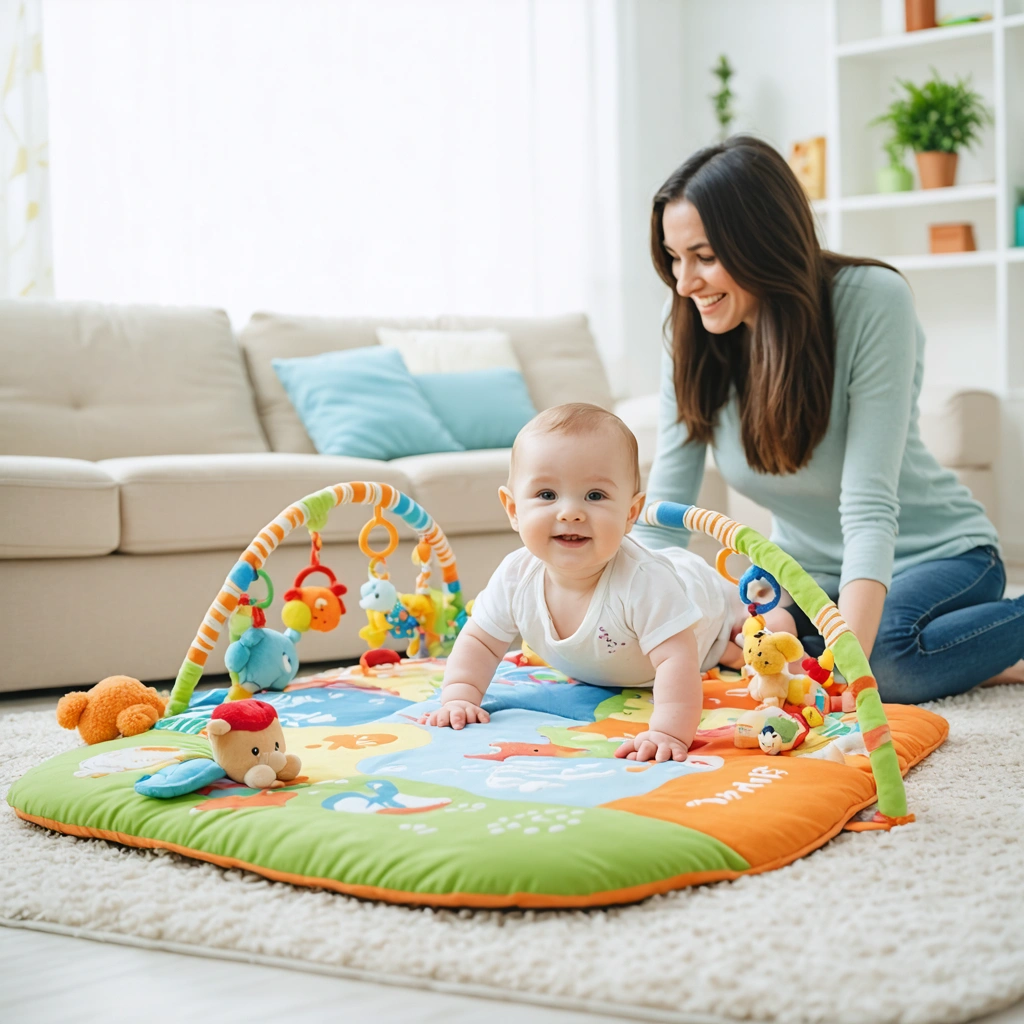 Bébé de trois mois sur un tapis d’éveil sensoriel coloré, entouré de jouets, avec sa maman qui l’encourage dans un salon chaleureux.