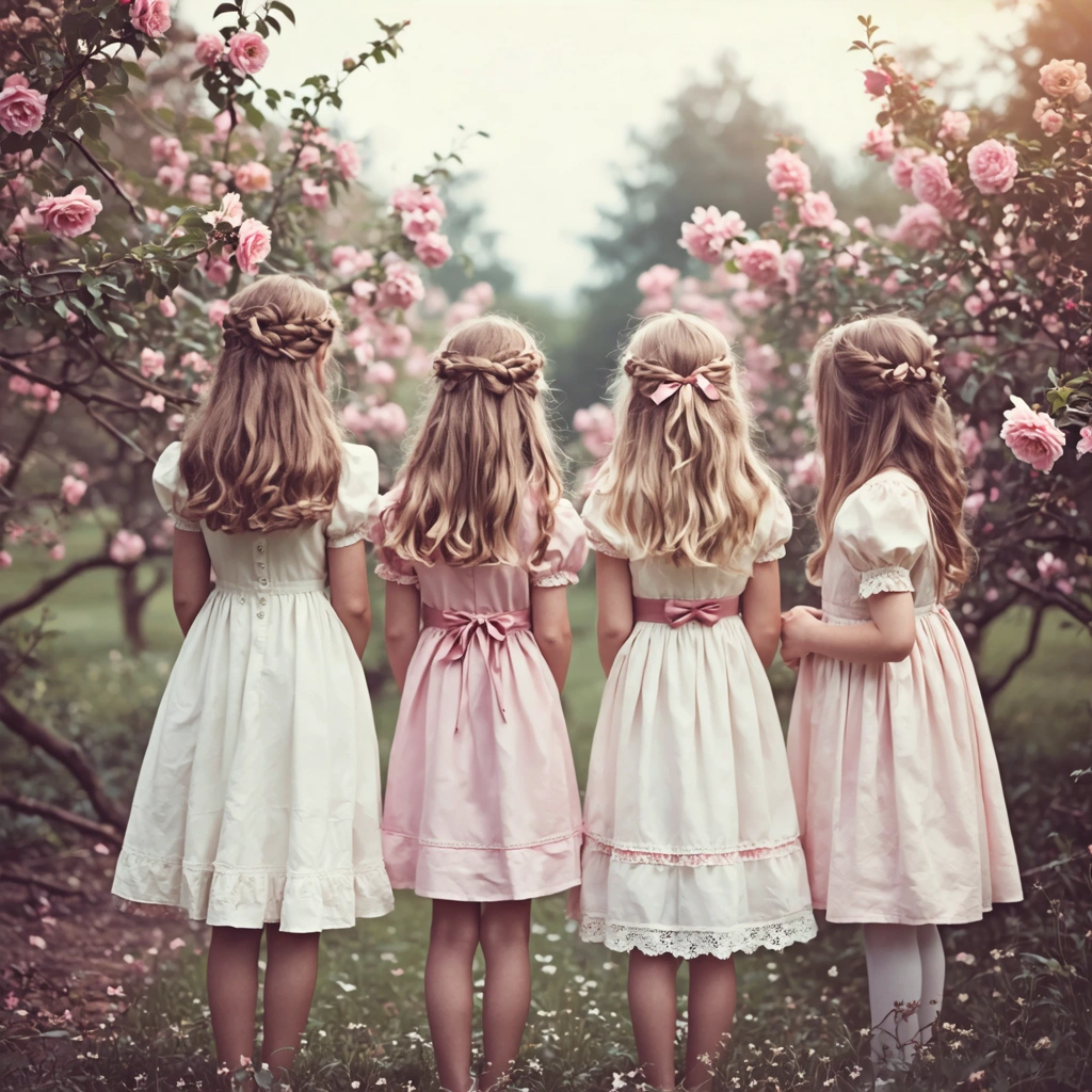 Jeunes filles en robes anciennes dans un jardin fleuri, illustrant la douceur des prénoms rares et anciens.