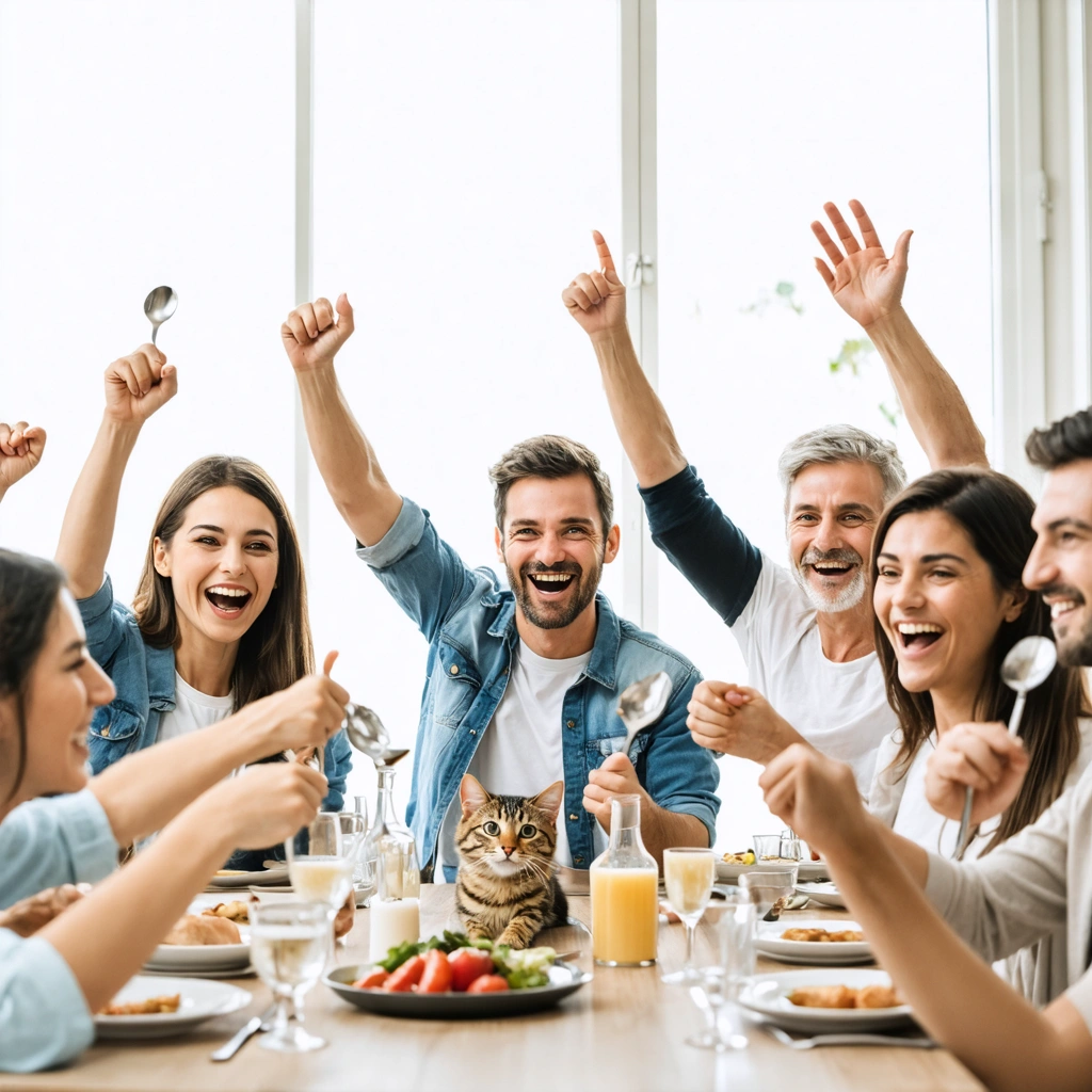 Un groupe convivial de personnes autour d'une table à la maison, levant la main ou d'autres objets pour voter, avec un chat participant de manière amusante.