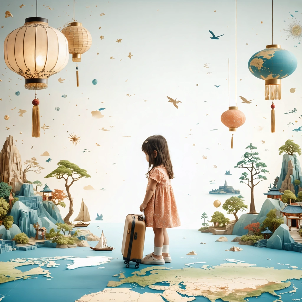 Jeune fille debout sur une carte du monde, valise à la main, entourée d’éléments symbolisant différents continents comme des lanternes asiatiques, motifs africains, paysages nordiques et îles du Pacifique, illustrant le rêve de voyage à travers les prénoms.