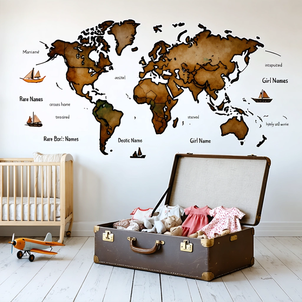 Chambre de bébé lumineuse décorée d’une mappemonde et d’une valise ouverte, symbolisant les prénoms rares et lointains pour fille.